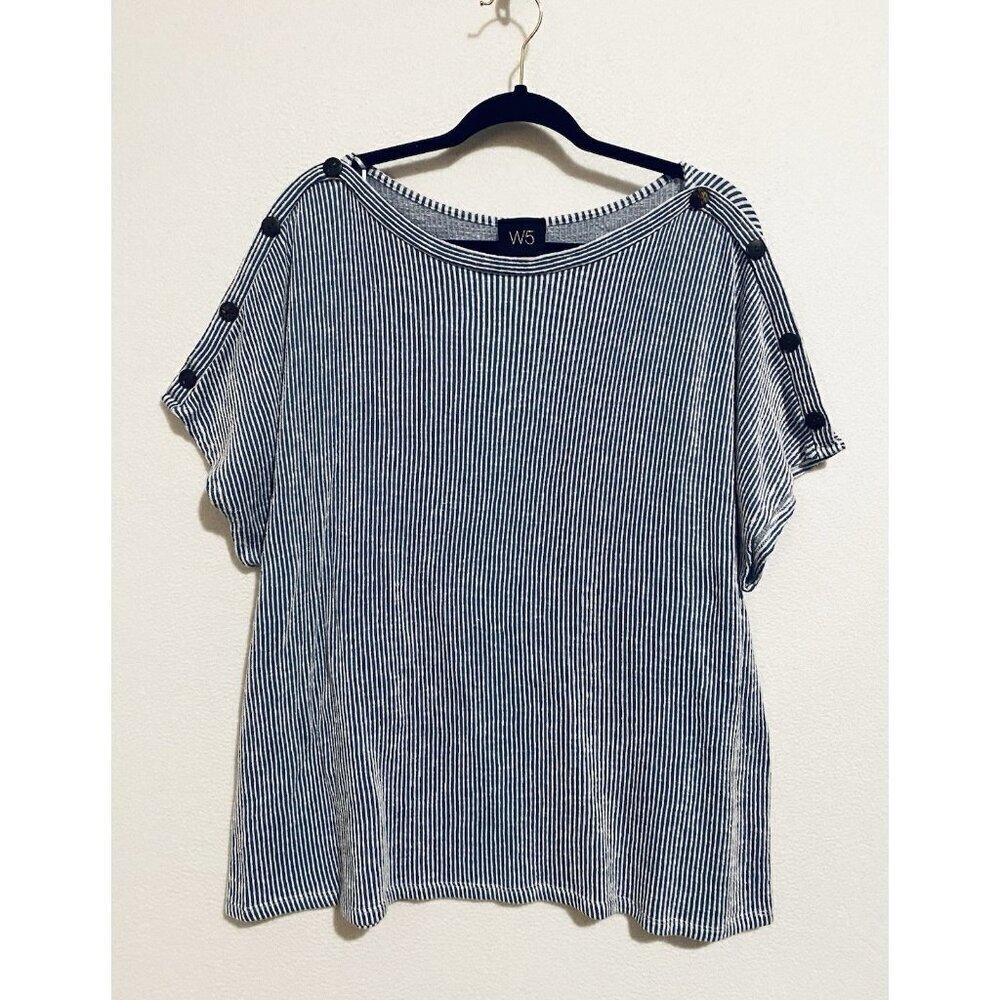 W5 Anthropologie Top Womens 3X Blue Textured Stripe Boatneck Button Detail Boho